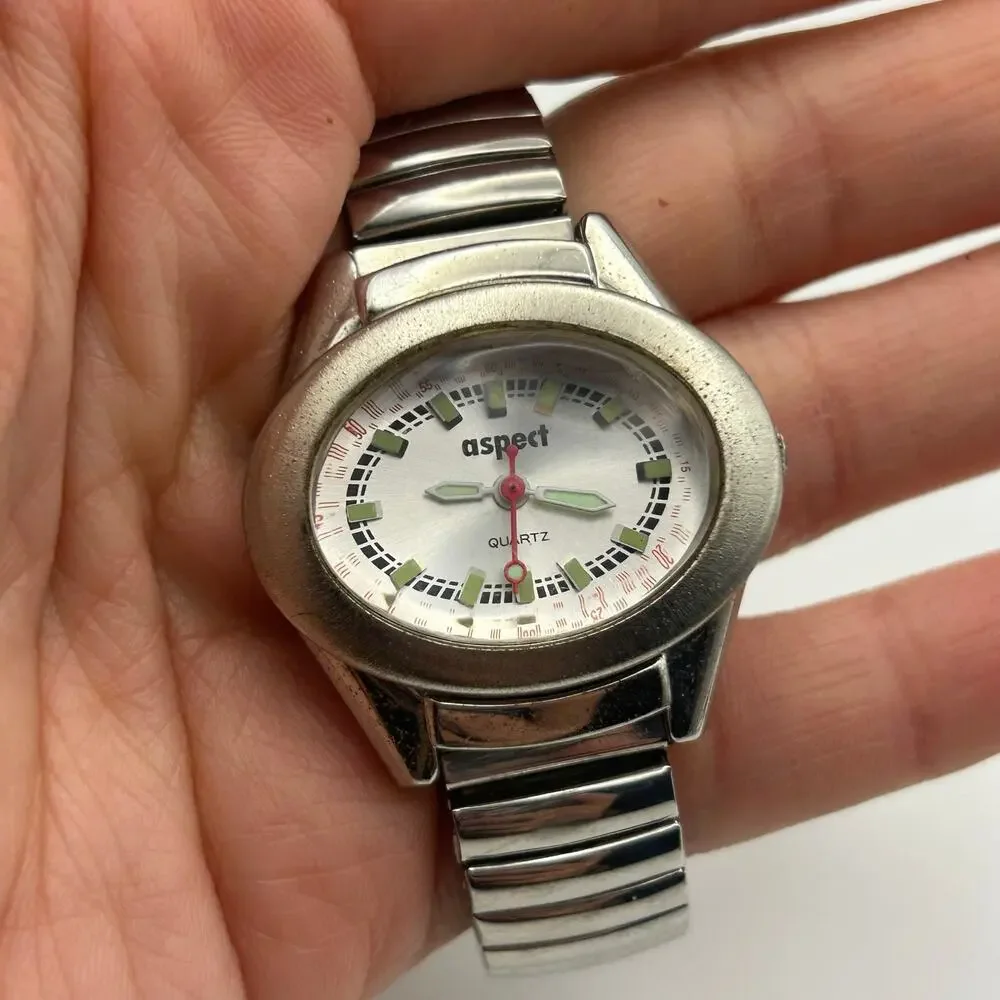 Aspect Women’s Quartz Watch Silver Tone Oval Case White Dial Stretch Band